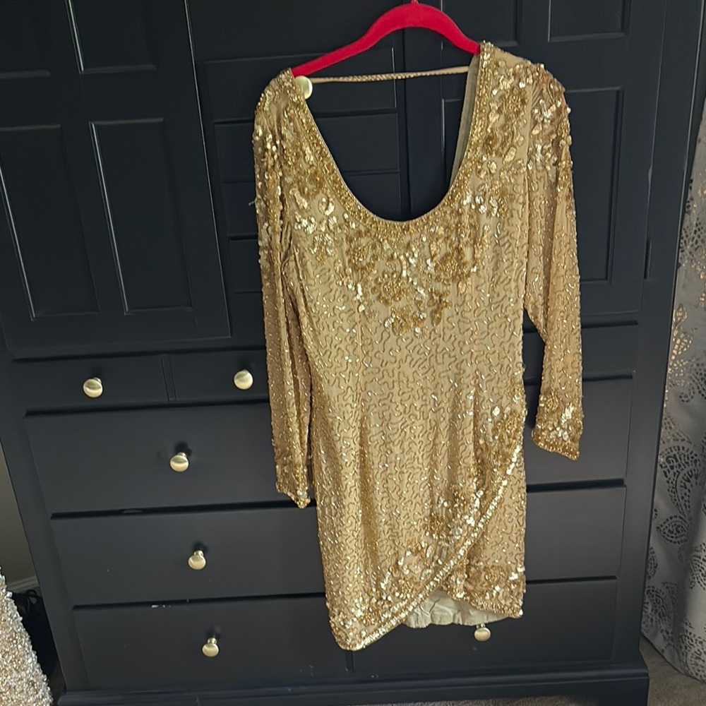 Gold Sequin Embellished Long Sleeve Bodycon Dress